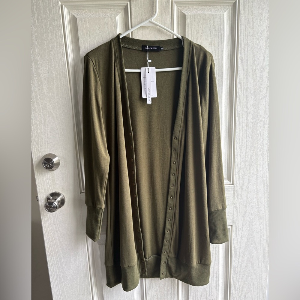 Olive Green Open Front Cardigan by Merokeety - Picture 2 of 5